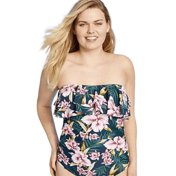 Kona Sol Tropical Floral Bandeau Halter One Piece Swimsuit Women’s Plus 16W - Picture 1 of 8